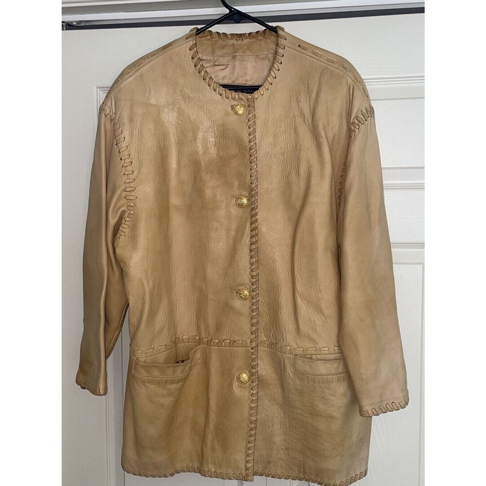 I.MAGNIN La Novelle Renaissance Size L Tan Glove Leather Gold Button Jacket/Coat